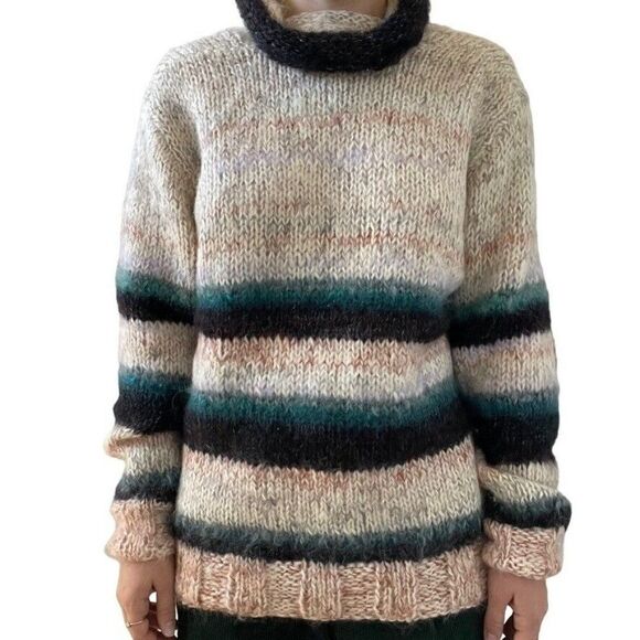 Hand Knit Womens Oversized Mohair Striped Fluffy Fuzzy Cowl Neck Sweater Sz L - Picture 2 of 8